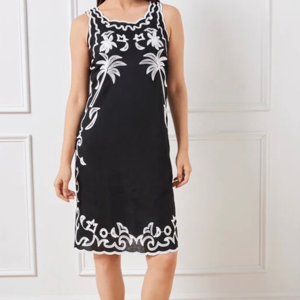 Talbots Embroidered Black and White Linen Cotton Shift Dress NWT